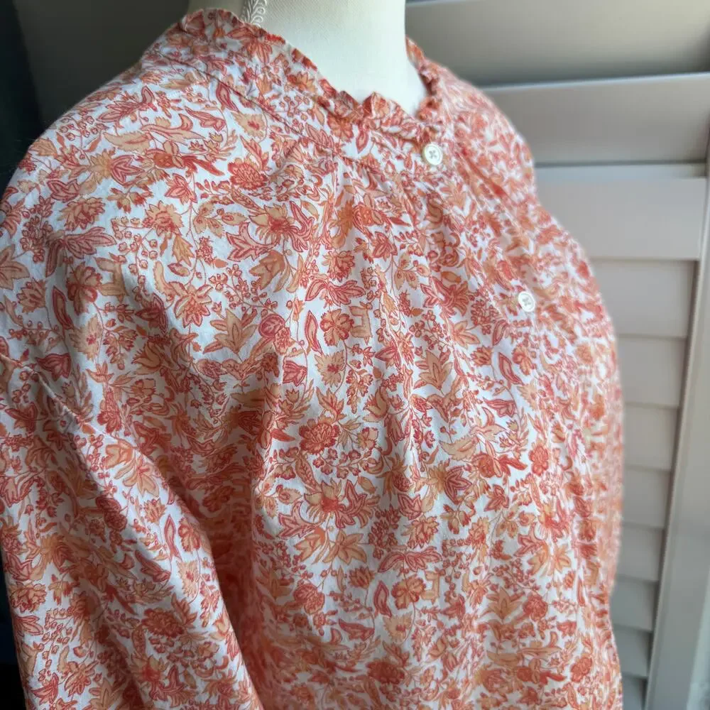 LOFT Peach Orange Floral Ruffle Neck Peasant Blouse Size Medium Petite - Picture 7 of 11